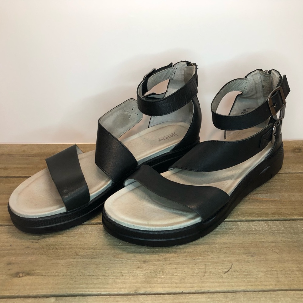 Jambu Black Leather Ankle Strap Platform Sandals